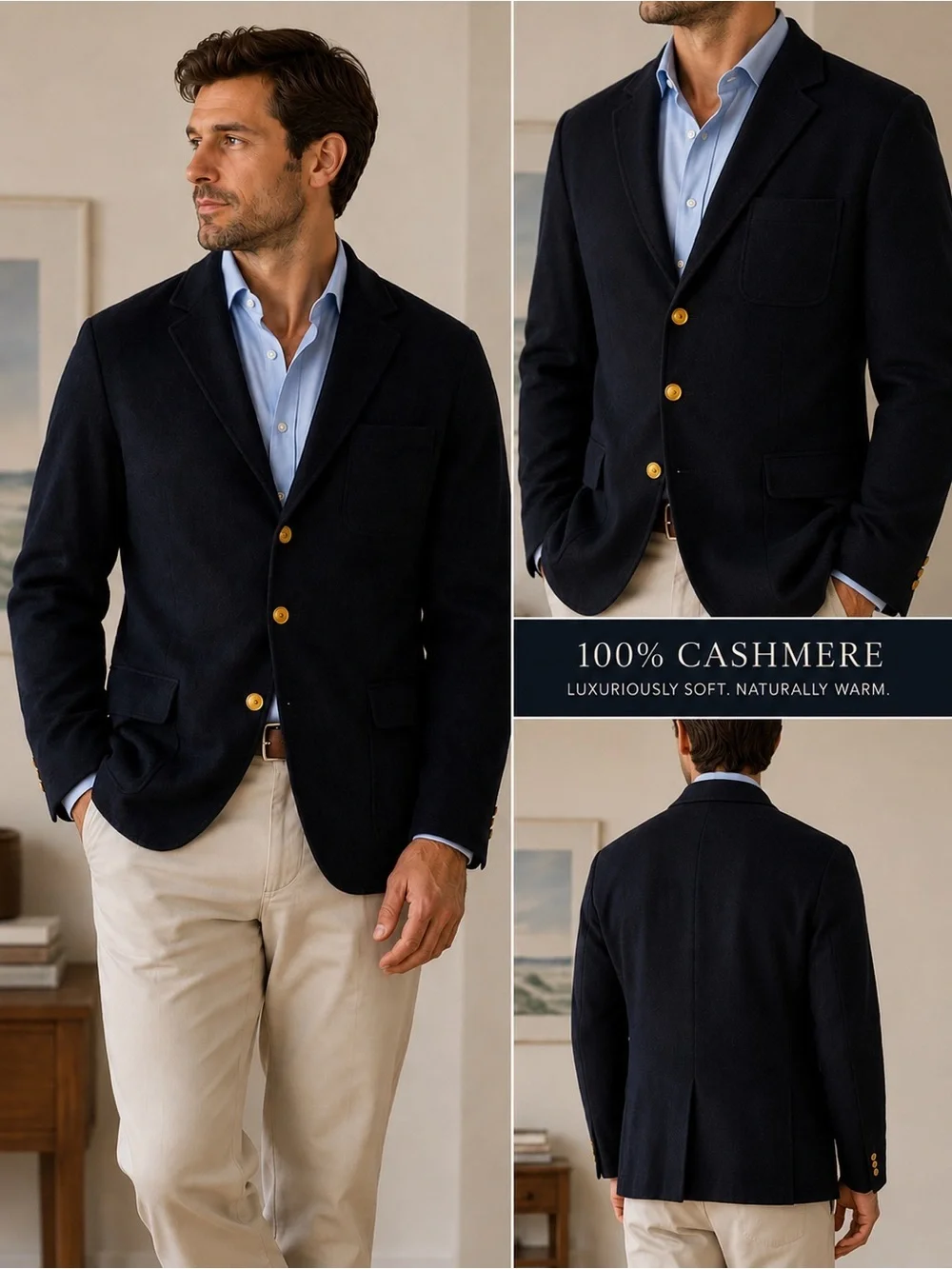 Saks Fifth Avenue 100% Cashmere Navy Blazer Sport Coat Gold Crest Buttons 41L